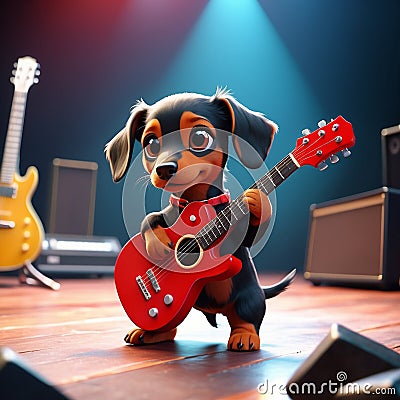 A cool antropomorphic dachshund playing a red guitar. AI generated Stock Photo