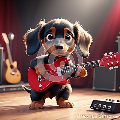 A cool antropomorphic dachshund playing a red guitar. AI generated Stock Photo