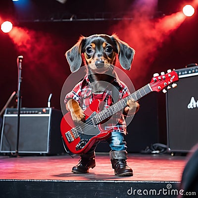 A cool antropomorphic dachshund playing a red guitar. AI generated Stock Photo