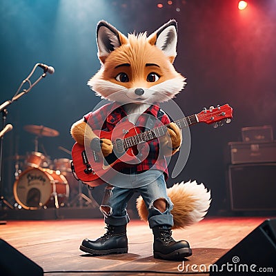 A cool antropomorphic fox playing a red guitar. AI generated Stock Photo