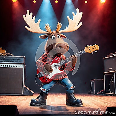 A cool antropomorphic moose playing a red guitar. AI generated Stock Photo