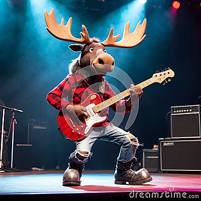 A cool antropomorphic moose playing a red guitar. AI generated Stock Photo