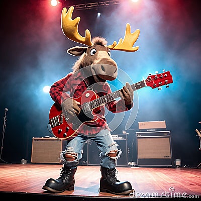 A cool antropomorphic moose playing a red guitar. AI generated Stock Photo