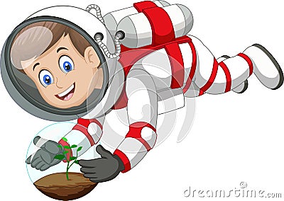 Cool Astronaut Boy In White Red Suit Uniform Flying In Zero Gravity With Plant Cartoon Stock Photo