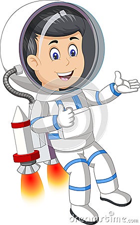 Cool Astronaut In White Blue Suit Uniform Flying With Rocket on His Back Cartoon Vector Illustration