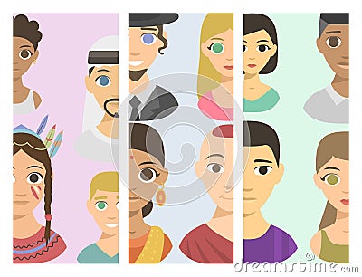 Cool avatars different brochure nations people portraits ethnicity different skin tones ethnic affiliation and hair Vector Illustration