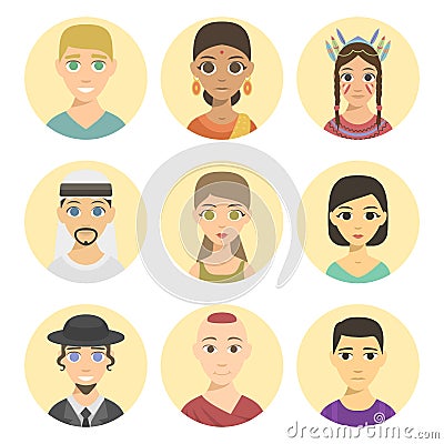 Cool avatars different nations people portraits ethnicity different skin tones ethnic affiliation and hair styles vector Vector Illustration