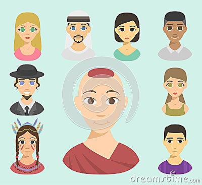 Cool avatars different nations people portraits ethnicity different skin tones ethnic affiliation and hair styles vector Vector Illustration