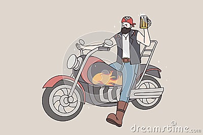 Brutal man rocker on motorcycle with beer Vector Illustration