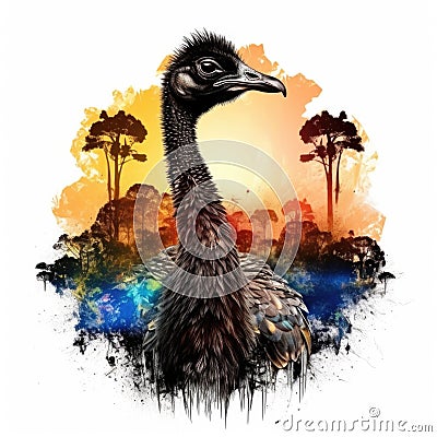 Cool and Beautiful Double Exposure Silhouette Emu Animal in Natural Habitat Stock Photo