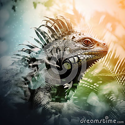Cool and Beautiful Double Exposure Silhouette Iguana Animal in Natural Habitat Stock Photo