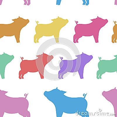 Cool seamless pattern from silhouettes of pigs of different colo Vector Illustration