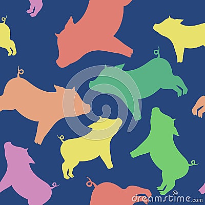 Cool seamless pattern from silhouettes of pigs of different colo Vector Illustration