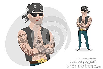 Cool biker with tattoos. Vector Illustration