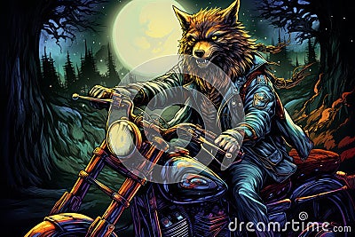 Cool biker wolf riding motorcycle. Hard rock dark fantasy character illustration Cartoon Illustration