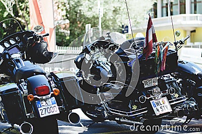 Cool bikers Harley Davidson festival, exhibition. Chrome motorcycle engine block close up Editorial Stock Photo