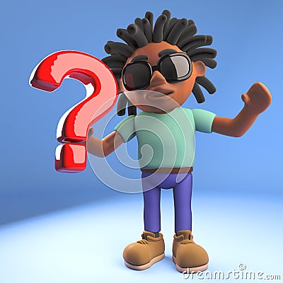 Cool black Afro Caribbean man with dreadlocks holding a question mark symbol, 3d illustration Cartoon Illustration