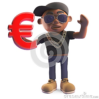 Cool black hiphop rapper in baseball cap holding a Euro currency symbol, 3d illustration Cartoon Illustration