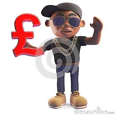 Cool black hiphop rapper in baseball cap holding a UK pounds sterling currency symbol, 3d illustration Cartoon Illustration