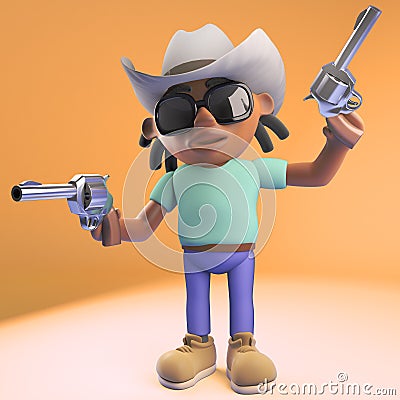 Cool black man with dreadlocks wearing cowboy hat and firing pistols, 3d illustration Cartoon Illustration