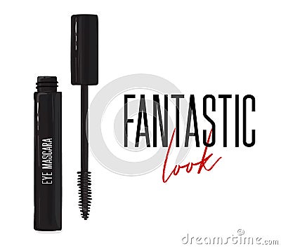 Cool black mascara with applicator brush close-up, isolated on white background. Fantastic lash look visage. Make up feminine con Vector Illustration