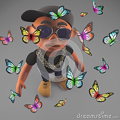 Cool black rapper in hip hop baseball cap surrounded by butterflies, 3d illustration Cartoon Illustration