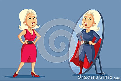 Woman Looking in the Mirror Seeing a Superhero Vector Cartoon Vector Illustration