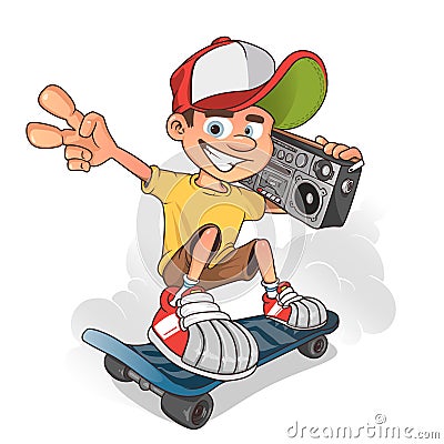 Cool boy skater with ghetto blaster, vector cartoon character Vector Illustration