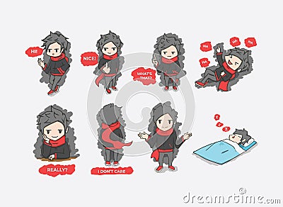 Cool Boy Wearing Casual Clothes Sticker Character in Multiple Expressions Vector Illustration