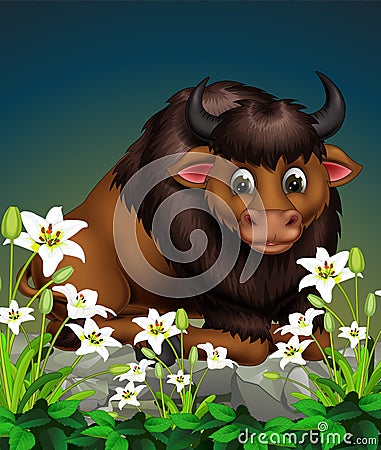 Cool Brown Buffalo With Rocks And White Ivy Flower Cartoon Stock Photo