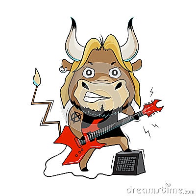 Cool bull plays red electric guitar. Musician at a concert. Cartoon symbol of 2021. Vector illustration Vector Illustration