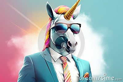 cool business unicorn with sunglasses and elegant suit AI generated Cartoon Illustration