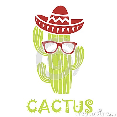 Cool cactus mascot cartoon vector icon with Mexican hat and eyeglasses on white background Vector Illustration