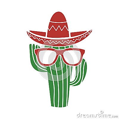 Cool cactus mascot with sombrero hat and glasses isolated on white background cartoon vector illustration Vector Illustration