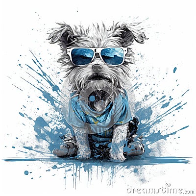 Cool Canine: An Anime-Style Dog with Sunglasses Striking a Pose with Splashes and Stripes for Posters and Web. Stock Photo