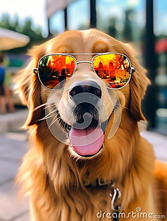 Cool Canine Vibes: Golden Retriever Rocking Sunglasses with Style Stock Photo