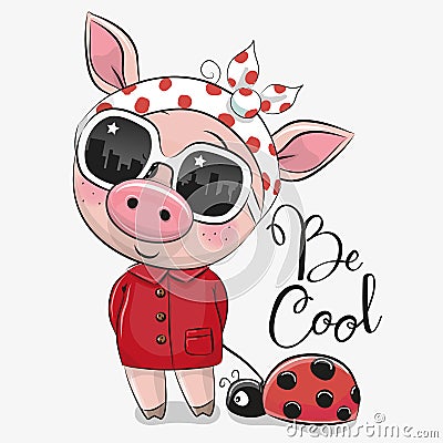 Cute Pig with sun glasses Vector Illustration