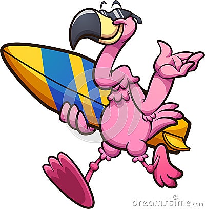 Cool cartoon flamingo with sunglasses walking and holding a surfboard Vector Illustration