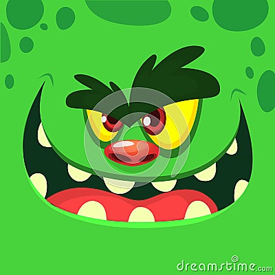 Cool Cartoon Green Monster Face. Vector Halloween illustration of excited zombie monster with wide smile. Vector Illustration