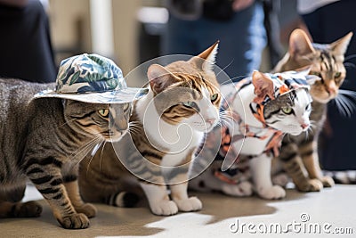 cool and casual feline fashion show with models showcasing cat-sized hats and sunglasses Stock Photo