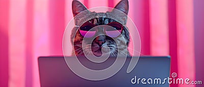 Cool Cat Coding in Cyber Style. Concept Cyberpunk Cat, Coding Adventures, Futuristic Feline, Stock Photo