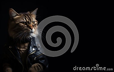 Cool cat with leather jacket on black background. Copy space for text. Fashionable appearance, be trendy. Style and Stock Photo