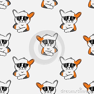 Cool cat seamless pattern with sunglasses funny cat cartoon pet, kitty mottle kitten doodle Vector Illustration