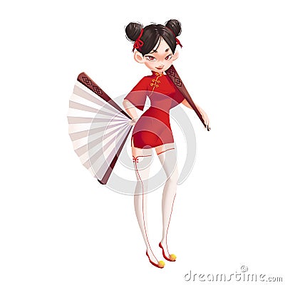 Cool Characters Series: Ancient Chinese Girl Holding Fans isolated on White Background Stock Photo