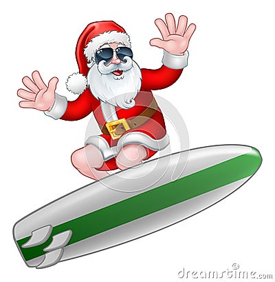 Cool Christmas Santa in Sunglasses Surfing Vector Illustration