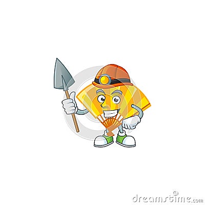 Cool clever Miner gold chinese folding fan cartoon character design Vector Illustration