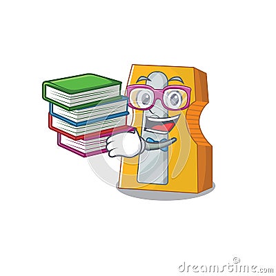 Cool and clever Student pencil sharpener mascot cartoon with book Vector Illustration