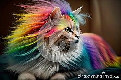 Cool and colorful cat. Rainbow colors. Diversity, tolerance, inclusion concept. Different and unique to be. Fashionable Stock Photo