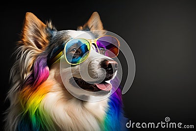 Cool and colorful dog with sunglasses. Rainbow colors. Diversity, tolerance, inclusion concept. Different and unique to Stock Photo