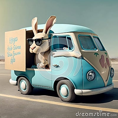 Cool and confident Easter bunny, sporting a pair of stylish shades, zips around town in a festive delivery car, spreading joy and Stock Photo